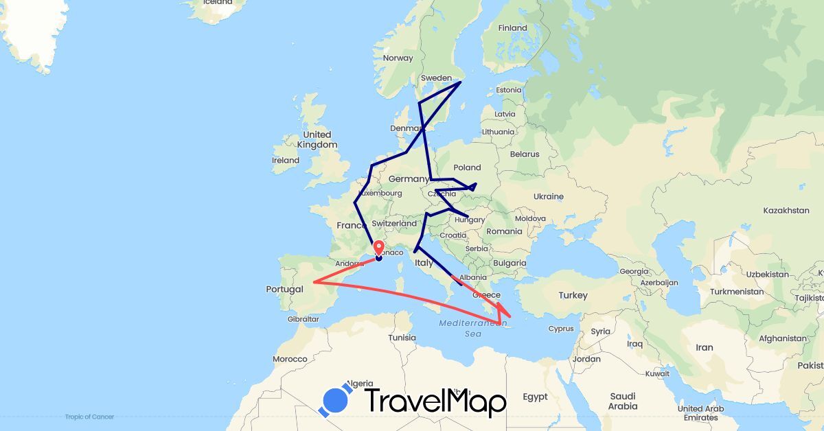 TravelMap itinerary: driving, hiking in Austria, Belgium, Czech Republic, Germany, Denmark, Spain, France, Greece, Hungary, Italy, Netherlands, Poland, Sweden, Slovakia (Europe)
